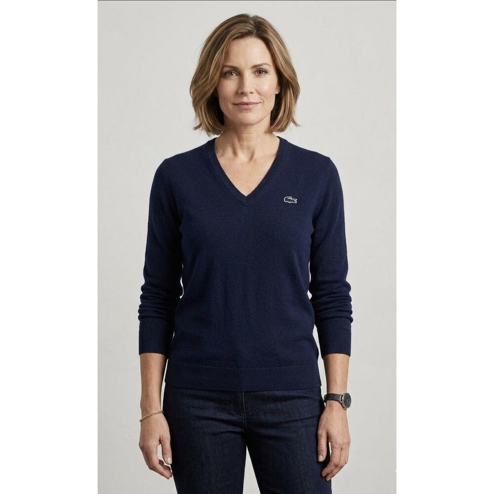 Lacoste Womens V-Neck Jumper Sweater Women Size 44 Navy Blue Cotton Long Sleeve